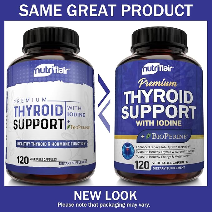 NutriFlair Thyroid Support Complex, 120 Capsules - with Iodine, Black Pepper, Ashwagandha, Vitamin B12 - Thyroid Supplement for Women and Men