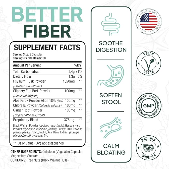 Better Fiber - Daily Fiber Supplement - Soften Stool for Effortless Bowel Movements - with Psyllium Hulk and Slippery Elm - 6 Bottles