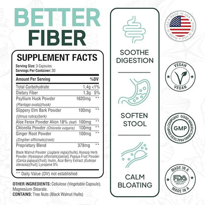 Better Fiber - Daily Fiber Supplement - Soften Stool for Effortless Bowel Movements - with Psyllium Hulk and Slippery Elm - 6 Bottles