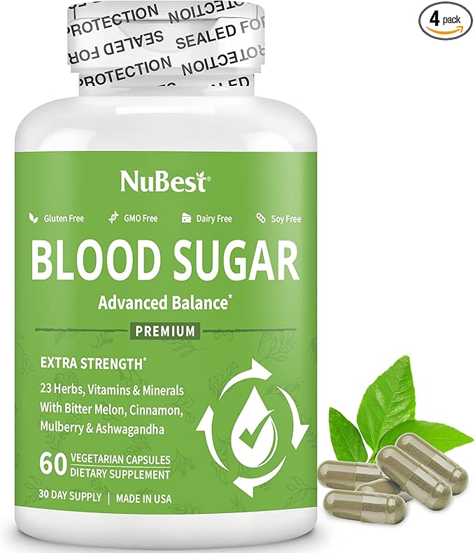 NuBest Blood Sugar - Premium Formula with Bitter Melon, Ashwagandha, Cinnamon, Chromium, Magnesium, Vitamins, Alpha Lipoic Acid, Cayenne Pepper - Support Healthy Blood Sugar - Pack 4