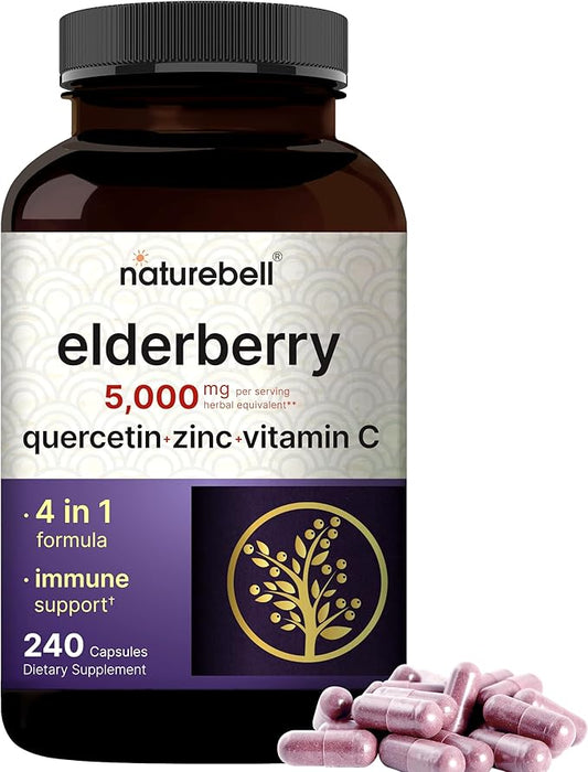 NatureBell Sambucus Elderberry Capsules, 5000mg Per Serving with Quercetin 500mg, Vitamin C and Zinc, 240 Count | European Black Elderberry Fruit Extract – 4 in 1 Immune Support Supplements