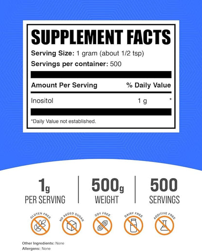 BulkSupplements.com Inositol Powder - Inositol Supplement, Vitamin B8 Powder, Inositol 1000mg - Unflavored & Gluten Free, 1000mg per Serving, 500g (1.1 lbs) (Pack of 1)