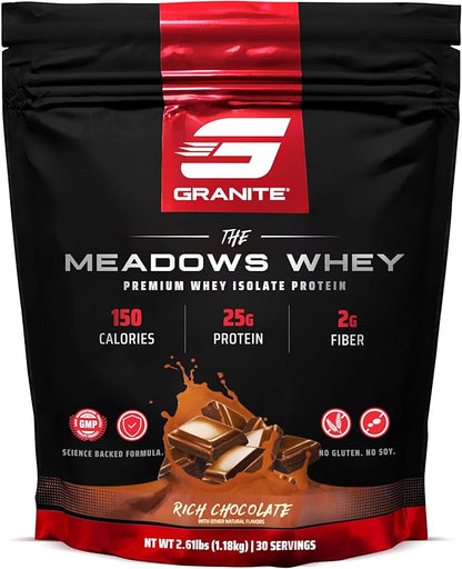 Granite Supplements The Meadows Whey Protein Isolate - (30 Servings) Whey Protein Powder - 150 Calories, 2g Fiber, 1g Sugar Protein Whey for Lean Muscle - Rich Chocolate Flavored Protein Powder