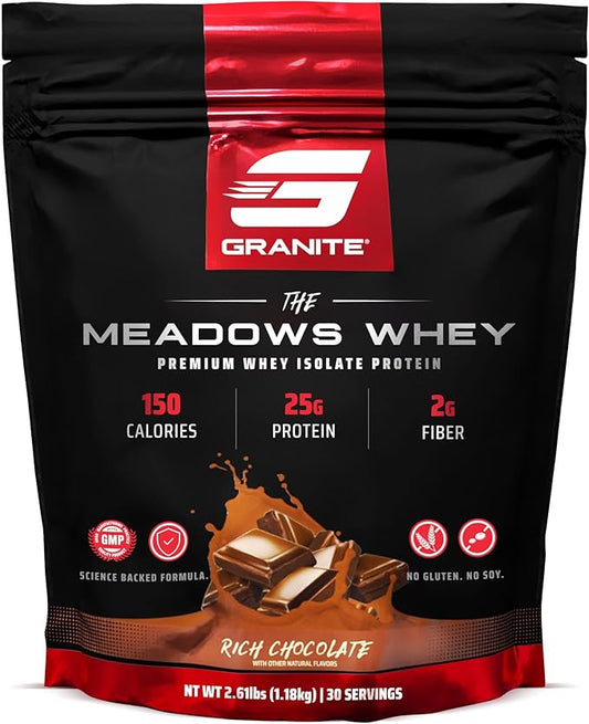 Granite Supplements The Meadows Whey Protein Isolate - (30 Servings) Whey Protein Powder - 150 Calories, 2g Fiber, 1g Sugar Protein Whey for Lean Muscle - Rich Chocolate Flavored Protein Powder