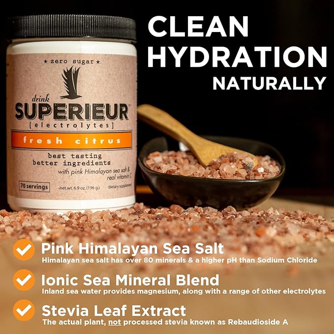 Superieur Electrolytes – Plant Based Electrolyte Supplement w/Sea Minerals for Hydration & Recovery – Keto Friendly, Non-GMO, Zero Sugar, Vegan Healthy Sports Drink Powder – Citrus (70 Servings)
