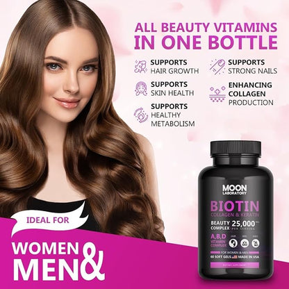 Premium Biotin 5,000 mcg with Collagen, Keratin, Hyaluronic Acid, Vitamin A, D3, B-Complex & Coconut Oil. Beauty Complex for Hair Growth, Nails, Skin. for Men & Women. 60 Softgels