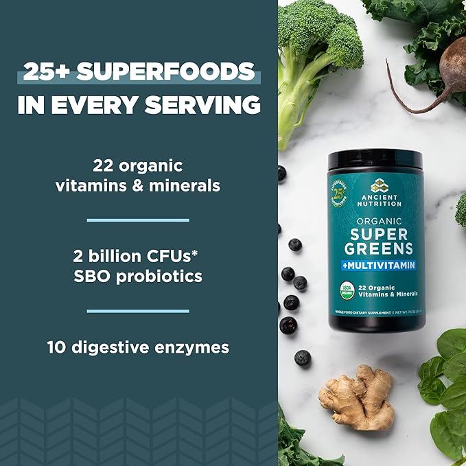 Ancient Nutrition Organic SuperGreens and Multivitamin Powder with Probiotics, Made from Real Fruits, Vegetables and Herbs, for Digestive, Detoxification and Energy Support, 25 Servings