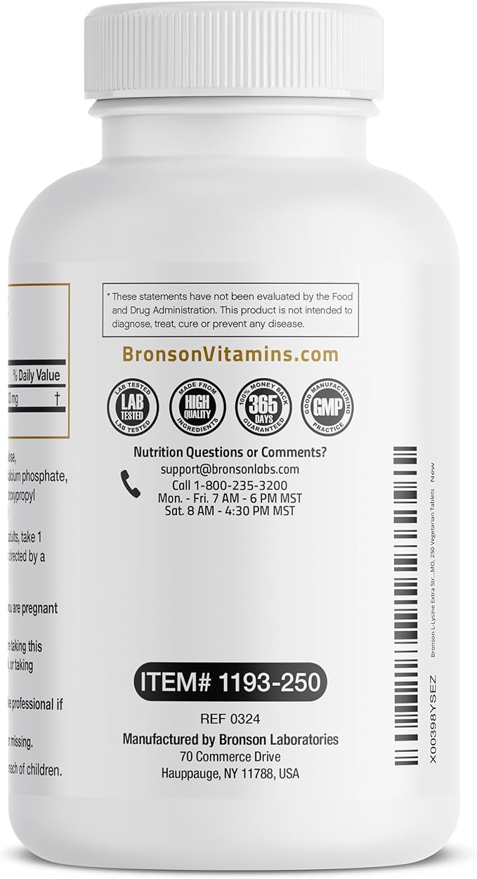 Bronson L-Lysine Extra Strength 1000 MG per Tablet High Potency, Immune Support & Supports Collagen Synthesis, Non-GMO, 250 Vegetarian Tablets