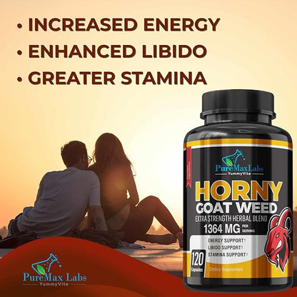 Horny Goat Weed Extra Strength Blend, 120 Capsules, w. Maca, Arginine, Ginseng, Tribulus, Tongkat, Libido, Stamina, Energy Support, Non-GMO Formula, 120 Caps