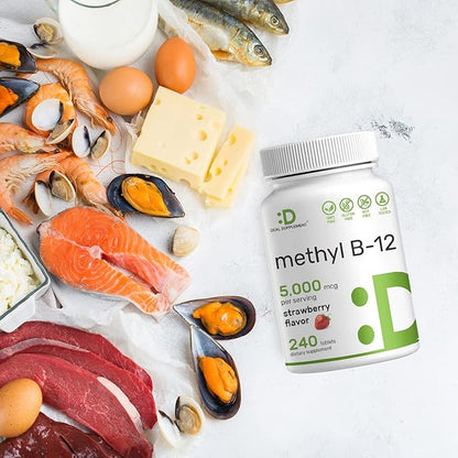 DEAL SUPPLEMENT Methyl B-12 Vitamins 5000 mcg, 240 Chewable Tablets | Active Form - Strawberry Flavored - Energy Support & Brain Health Function - Vegetarian & GMO Free