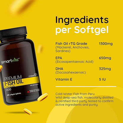 Smartvita - Premium Fish Oil, rTG Grade Omega 3, Fish Oil Omega 3, EPA, DHA, & Vitamin E Capsules, Multivitamins for Men & Women, Omega 3 Supplement, Burpless, 60 Softgels