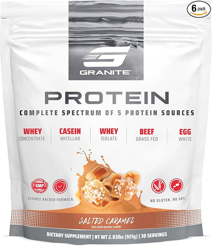 Granite Protein Powder | Whey Isolate & Concentrate| Casein for Lean Muscle Building & Workout Recovery | 30 Servings | Egg & Grass Fed Protein | 23g Protein from 5 Sources | Salted Caramel Flavor