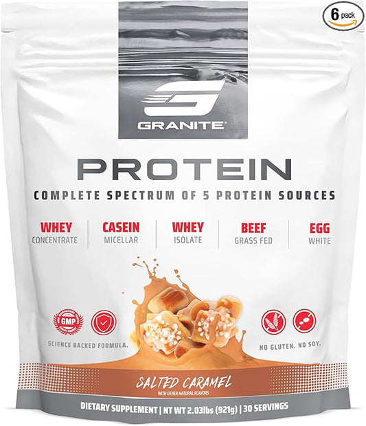 Granite Protein Powder | Whey Isolate & Concentrate| Casein for Lean Muscle Building & Workout Recovery | 30 Servings | Egg & Grass Fed Protein | 23g Protein from 5 Sources | Salted Caramel Flavor