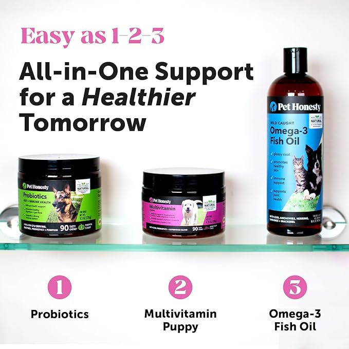 Pet Honesty Multivitamin Puppy Treats - Essential Dog Supplements & Vitamins for Learning and Cognitive Development- Probiotics, Omega Fish Oil for Health & Heart, Immune Health - Dog Health Supplies