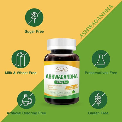 Lovita KSM-66 Ashwagandha | Highly Concentrated 22,500mg Equivalent | 5% Withanolide | 95% Black Pepper Piperine | Stress Relief & Energy Support | Vegan, Gluten Free | 130 Capsules