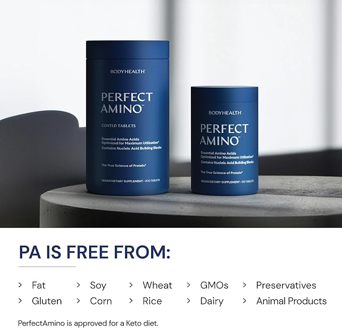 BodyHealth PerfectAmino, Essential Amino Acid with BCAAs + Lysine, Phenylalanine, Threonine, Methionine, Tryptophan, Supplement for Muscle Mass Production, Recovery & Strength (600 ct)