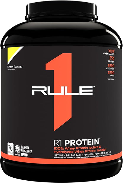 Rule One Proteins R1 Protein - 25g Fast-Acting, Super-Pure 100% Isolate and Hydrolysate Protein Powder with 6g BCAAs (5 Pounds*, Frozen Banana)