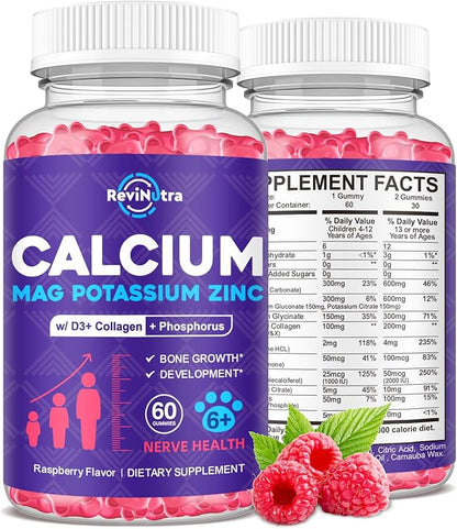 Calcium Potassium Magnesium Gummies for Kids & Adults, with Hydrolyzed Collagen, Zinc, Phosphorus, Multivitamin for Sleep, Bone Strength, Density Support, Sugar Free,Raspberry 60 Gummies