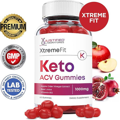 Justified Laboratories (2 Pack) Xtreme Fit Keto ACV Gummies 1000MG Vegan Non GMO with Pomegranate Juice Beet Root B12 120 Gummys
