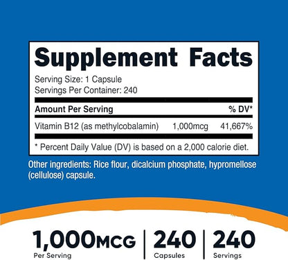 Nutricost Vitamin B12 (Methylcobalamin) 1000mcg, 240 Capsules - Vegetarian, Non-GMO & Gluten Free B12 Supplement