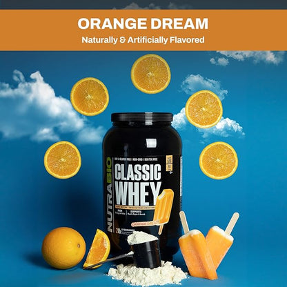 NutraBio Classic Whey Protein Powder- 25G of Protein Per Scoop - Full-Spectrum Amino Acid Profile - No Fillers, Artificial Colors, Preservatives - Orange Dream, 2 Pounds