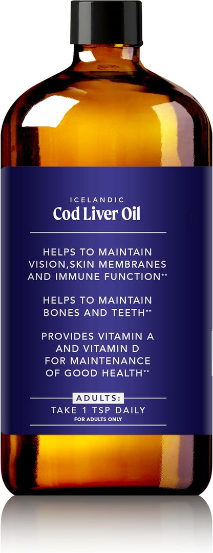 Icelandic Cod Liver Oil Liquid, Lemon (16oz) - Vitamins A & D, EPA & DHA - Helps Vision, Skin Membranes & Immune Function - MSC Certified, Non-GMO