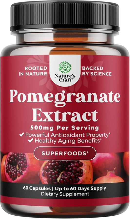 Pomegranate Extract Capsules Antioxidant Supplement - Natural Pomegranate Capsules for Heart Health Joint Support and Pre Workout for Men and Women - Nitric Oxide Supplement with Brain Health Vitamins