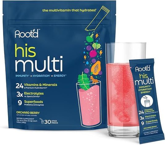 Root'd Multivitamin Powder for Men - 24 Vitamins & Minerals with 3X Electrolytes, 9 Organic Superfoods, Probiotics & Enzymes, Sugar-Free Multivitamin & Hydration | 30 Vitamin Drink Mix Packets