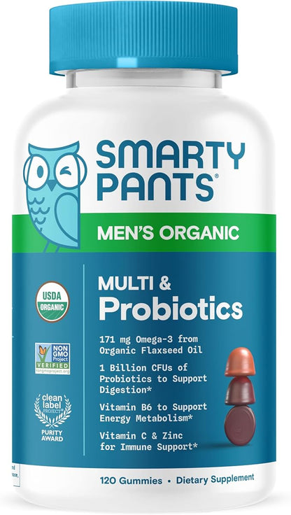 SmartyPants Multivitamin for Men, Organic Gummies: Probiotics, CoQ10, Methylfolate, Omega 3 (ALA), Vitamin D3, C, Vitamin B12, B6, Vitamin A, K & Zinc for Immune Support, 120 Gummies (30 Day Supply)