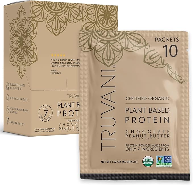 Truvani Vegan Pea Protein Powder | Chocolate Peanut Butter | 20g Organic Plant Based Protein | 10 Travel Packets | Keto | Gluten & Dairy Free | Low Carb | No Added Sugar