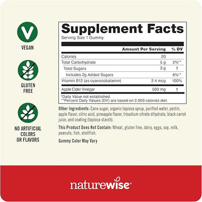 NatureWise Apple Cider Vinegar Gummies - 500mg ACV Gummies with Vitamin B12 - Apple-Pineapple Flavor - Support for Energy & Gut Health - Vegan, Gluten-Free, Non-GMO - 60 Gummies[2-Month Supply]