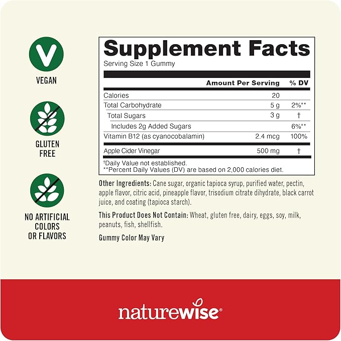 NatureWise Apple Cider Vinegar Gummies - 500mg ACV Gummies with Vitamin B12 - Apple-Pineapple Flavor - Support for Energy & Gut Health - Vegan, Gluten-Free, Non-GMO - 180 Gummies[6-Month Supply]