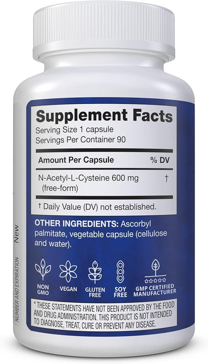 NAC 600 mg - NAC Supplement for Immune Support & Lung Health, Liver Support & Antioxidant* - Freeform N-Acetyl-L-Cysteine - 90 Capsules