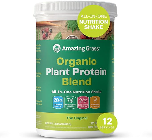 Amazing Grass Organic Plant Protein Blend: Vegan Protein Powder, New Protein Superfood Formula, All-In-One Nutrition Shake with Beet Root, Original, 12 Servings