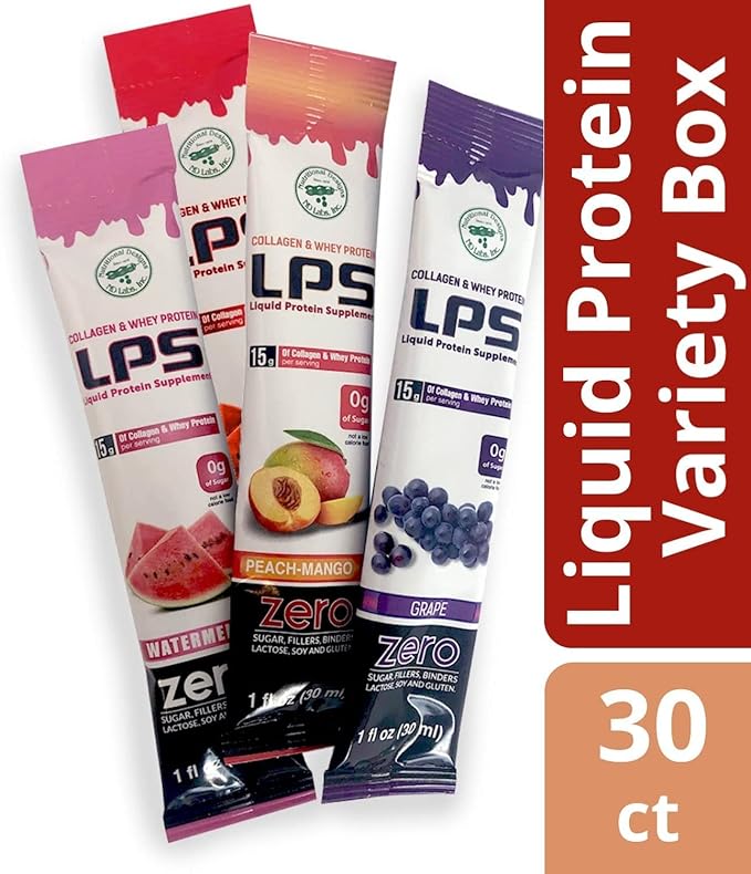 Nutritional Designs LPS Liquid Collagen & Whey Protein Supplement - Non-GMO Drink, Sugar-Free - Promotes Healthy Skin & Hair for Men & Women, Single Serve (Variety Box, 30)