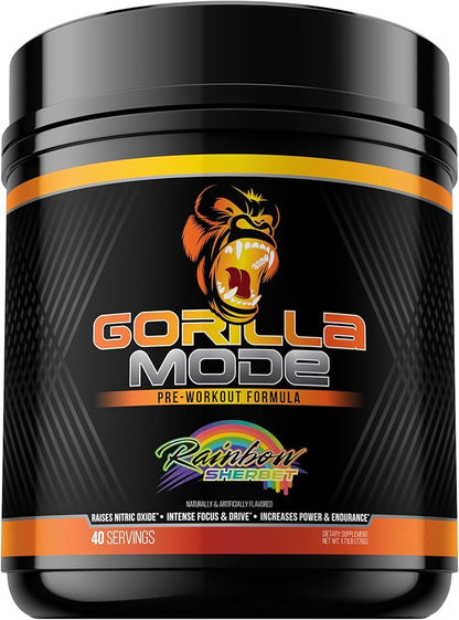 Gorilla Mode Pre Workout - Massive Pumps · Laser Focus · Energy · Power - L-Citrulline, Creatine, L-Tyrosine, Betaine, Hydroprime®, Alpha-GPC, 400mg Caffeine, Huperzine A - 776g (Rainbow Sherbet)