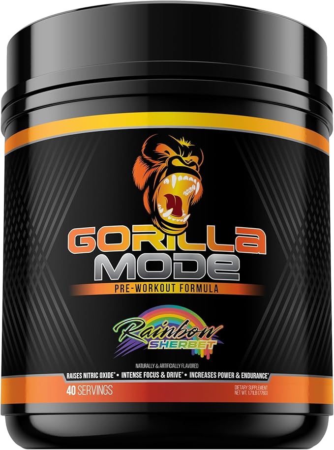 Gorilla Mode Pre Workout - Massive Pumps · Laser Focus · Energy · Power - L-Citrulline, Creatine, L-Tyrosine, Betaine, Hydroprime®, Alpha-GPC, 400mg Caffeine, Huperzine A - 776g (Rainbow Sherbet)