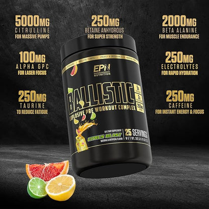 BALLISTIC Pre Workout | #1 New Pre Workout Powder w/ Nitric Oxide Booster, Electrolytes, Caffeine & Nootropics | Insane Pumps, Focus, Stamina, Energy, Hydration for Men & Women - Citrus Blast