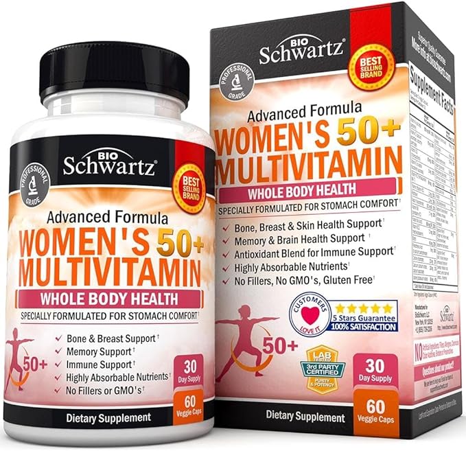 Daily Multivitamin for Women 50 & Over – Memory Support Supplement – Promotes Stress Reduction & Healthy Immune Response – Women's Multivitamin Supplement Designed for Stomach Comfort - 60 Capsules