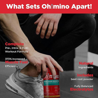 Oh!mino Nitric Oxide Supplement Activator Booster, Triple Strength L-Arginine for Energy, Endurance, Muscle Growth Builder, Pre Post Workout Pills - Natural Beet Root Powder, 30 Servings 120 Capsules