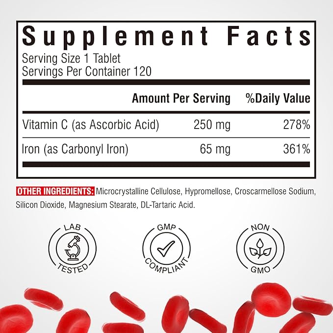 Iron Supplement 65mg with Vitamin C, Stomach Friendly Carbonyl Iron, High Potency & Absorption, for Healthy Iron & Energy Levels, Supports Red Blood Cell Production, 120 Tablets