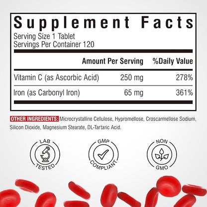 Iron Supplement 65mg with Vitamin C, Stomach Friendly Carbonyl Iron, High Potency & Absorption, for Healthy Iron & Energy Levels, Supports Red Blood Cell Production, 120 Tablets