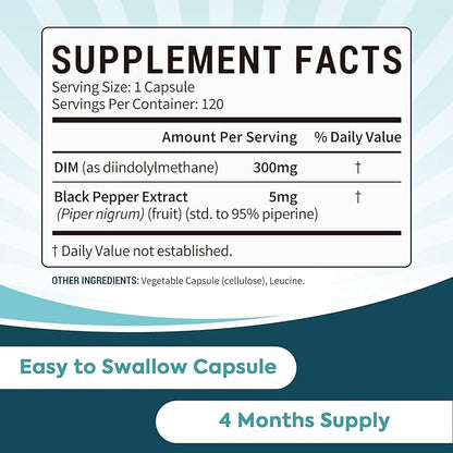 DIM Supplement 300mg for Women & Men, Estrogen Balance & Metabolism, Hormone Balance, Menopause Support, Energy Maintainence, High Absorption with Black Pepper Extract, 120 Caps