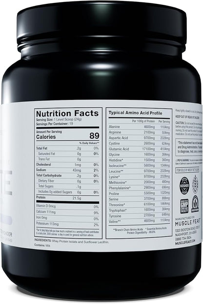 Muscle Feast Grass-Fed Whey Protein Isolate, All Natural Hormone Free Pasture Raised, Unflavored, 1lb