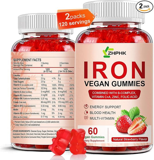 Iron Supplement Gummies for Women, Men & Kids, 65mg Iron & 250mg Vitamin C per Serving - Blood Builder & Immune Support Iron Vitamin Iron Gummy Vitamin with Folate, 2 Pack