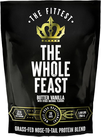 The Fittest Whole Feast Beef Protein Powder - Butter Vanilla - Nose to Tail Carnivore Blend Including Liver, Colostrum and Whole Bone - BCAAs - 14g Collagen - 21g Total Protein