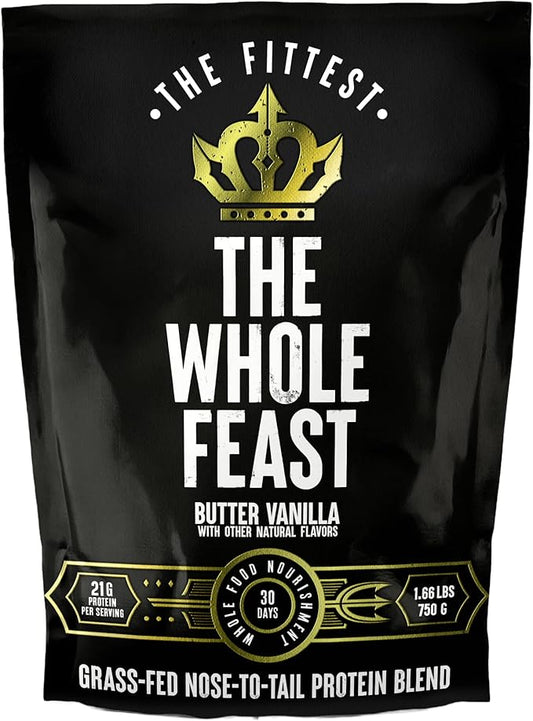 The Fittest Whole Feast Beef Protein Powder - Butter Vanilla - Nose to Tail Carnivore Blend Including Liver, Colostrum and Whole Bone - BCAAs - 14g Collagen - 21g Total Protein