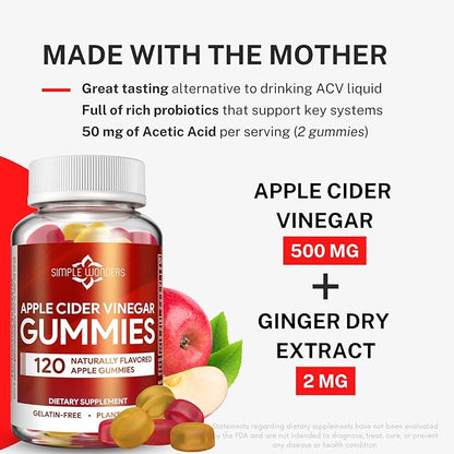 Apple Cider Vinegar Gummies with The Mother - ACV Gummies for Detox, Cleansing & Immune Support - Made with Black Carrot & Ginger Dry Extract - Pectin Based, Non-GMO, Gluten-Free (120 Gummies)