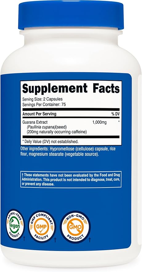 Nutricost Guarana 1000mg Serving, 150 Vegetarian Capsules - Natural Herbal Brazilian Caffeine Energizer Supplement