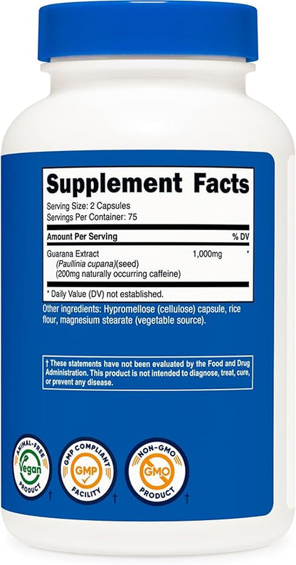 Nutricost Guarana 1000mg Serving, 150 Vegetarian Capsules - Natural Herbal Brazilian Caffeine Energizer Supplement